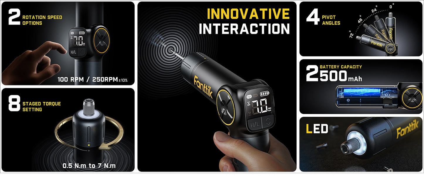 Fanttik S1 APEX Electric Screwdriver, Pivot Handle Screwdriver, Max 7N.m High Torque, 2 Speed Options, 1/4''Hex, Screen Interaction, Tech Tool for DIY Enthusiasts-Basic Edition